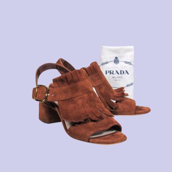 Prada Fringe Slingback Sandals Brown Suede Leather Chunky Block Heels Size 39 - Picture 3 of 13